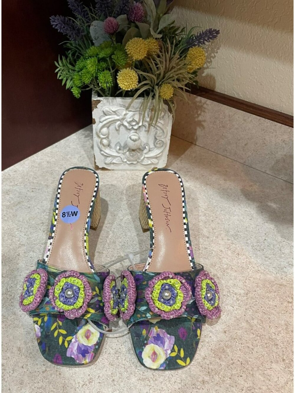 Betsey Johnson Floral & Crochet Embellished Sandals With Raffia Block Heel Size - Picture 6 of 10
